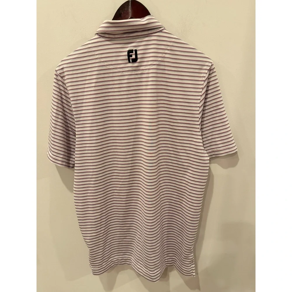 FootJoy FJ Golf Polo Shirt Men's Large White Purple Stripe Performance Stretch